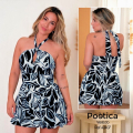 Vestido Corto Estampado Tropical con Halter 
