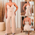 Enterizo con Escote en V, Cinturón Decorativo y Cargaderas Cruzadas