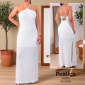 Vestido Largo con Escote Halter, Tiras Cruzadas y Abertura Lateral