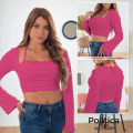 Blusa Crop Top Manga Larga con Escote Cuadrado y Detalle Drapeado