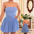 Vestido mini strapless con brillo y falda globo