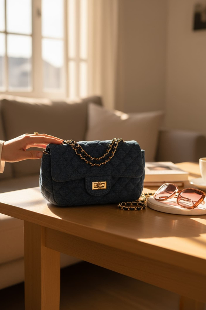 Bolso acolchado con cadena metálica y broche giratorio