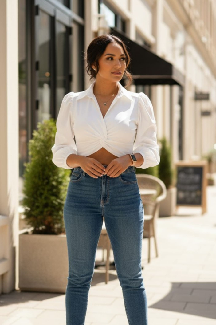 Blusa Cruzada con Nudo Frontal y Manga 3/4