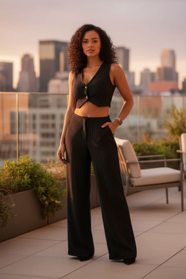 Conjunto con Chaleco de Botones y Pantalón Ancho Acanalado