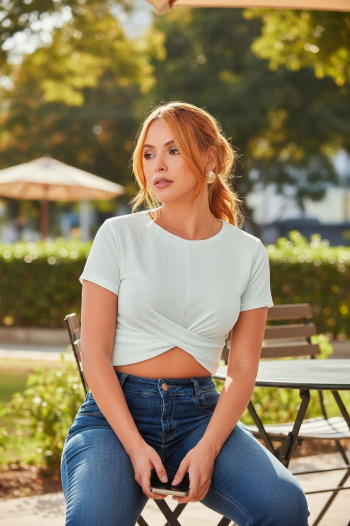 Blusa Crop con Nudo Frontal y Manga Corta