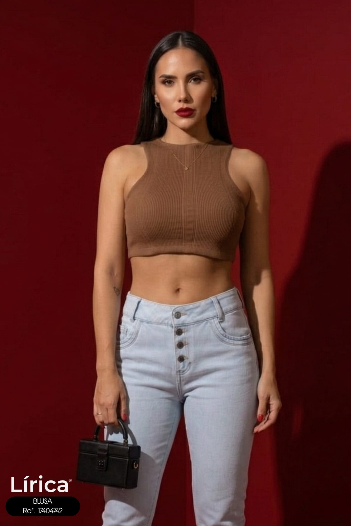 Blusa Crop Top con Espalda Cierre y Cuello Redondo