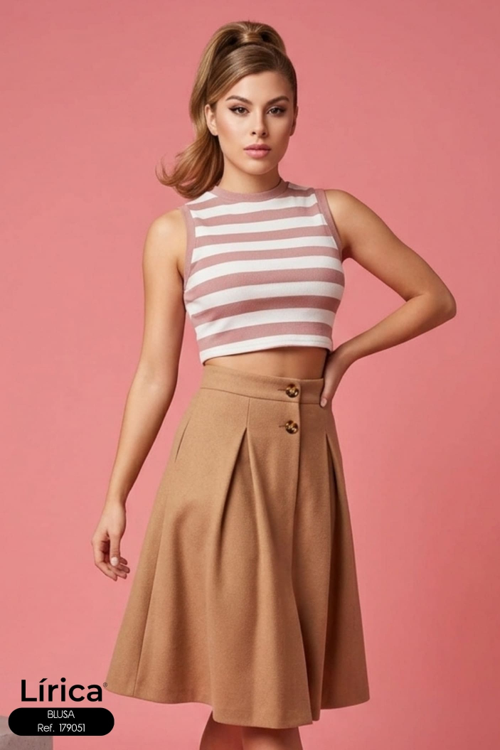 Crop Top de Rayas con Hombro Caído y Cuello Redondo