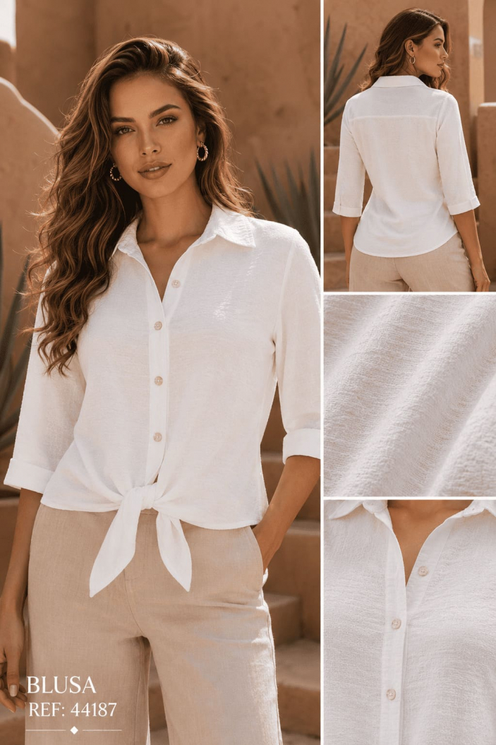 Blusa Mujer en Tela Samy con Botones Frontales y Diseño Versátil