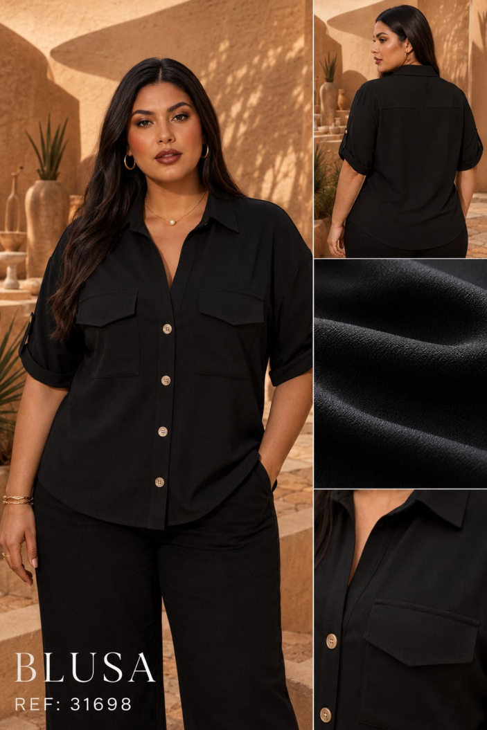 Blusa Mujer en Tela Rayon Cool con Bolsillos Frontales y Diseño Versátil