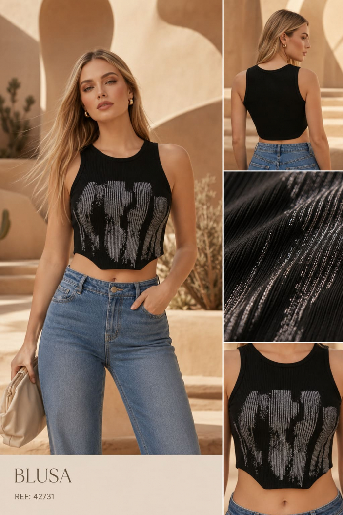 Blusa Crop Top Mujer en Tela Rib con Estampado Frontal y Diseño Contemporáneo