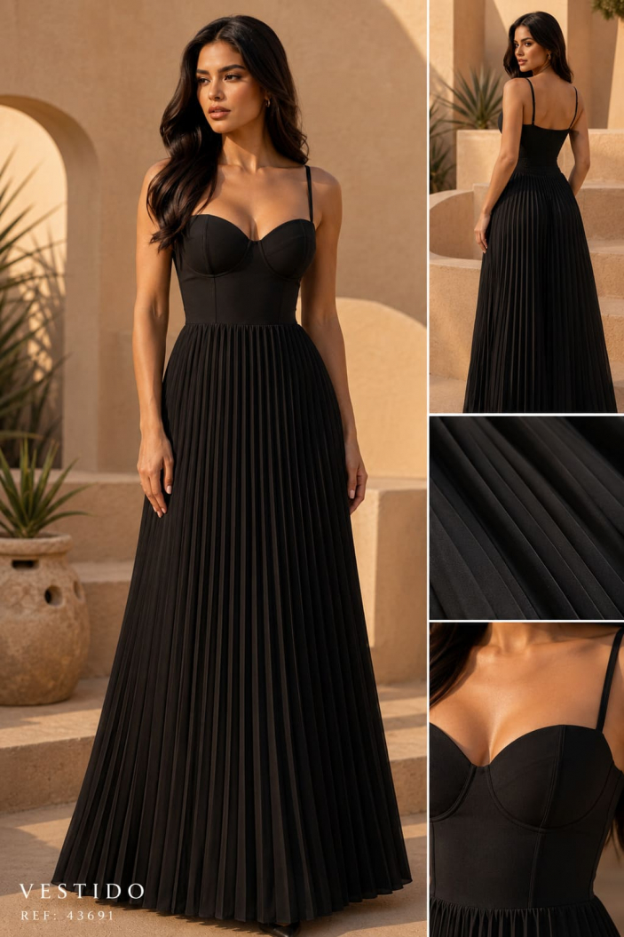 Vestido Largo Mujer con Falda Plisada y Diseño Elegante para Eventos Especiales
