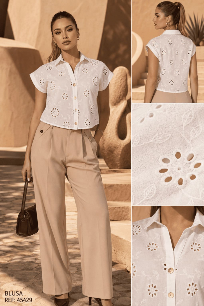 Camisera en Tela Hoja Rota (Ojalillo) Estilo Romántico