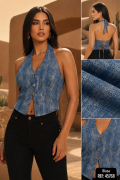 Blusa Halter en Tela Chambary Japeado con Cierre Decorativo
