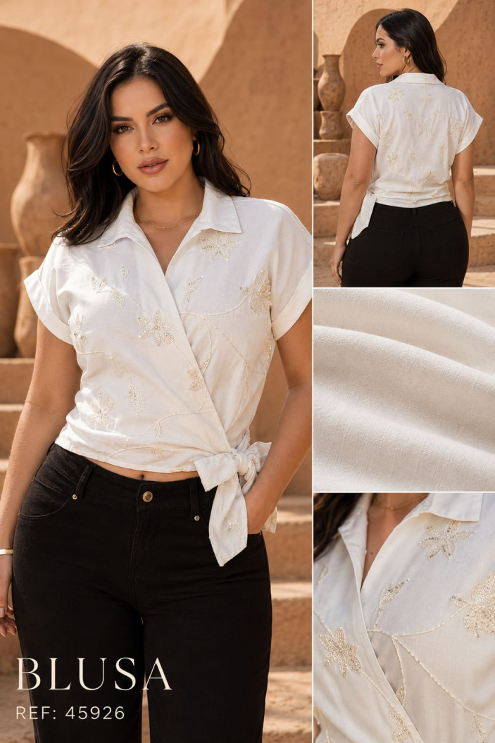 Blusa cruzada en tela chelo con nudo lateral y diseño bordado