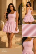 Vestido en bengalina pesada con falda tipo globo y escote cuadrado