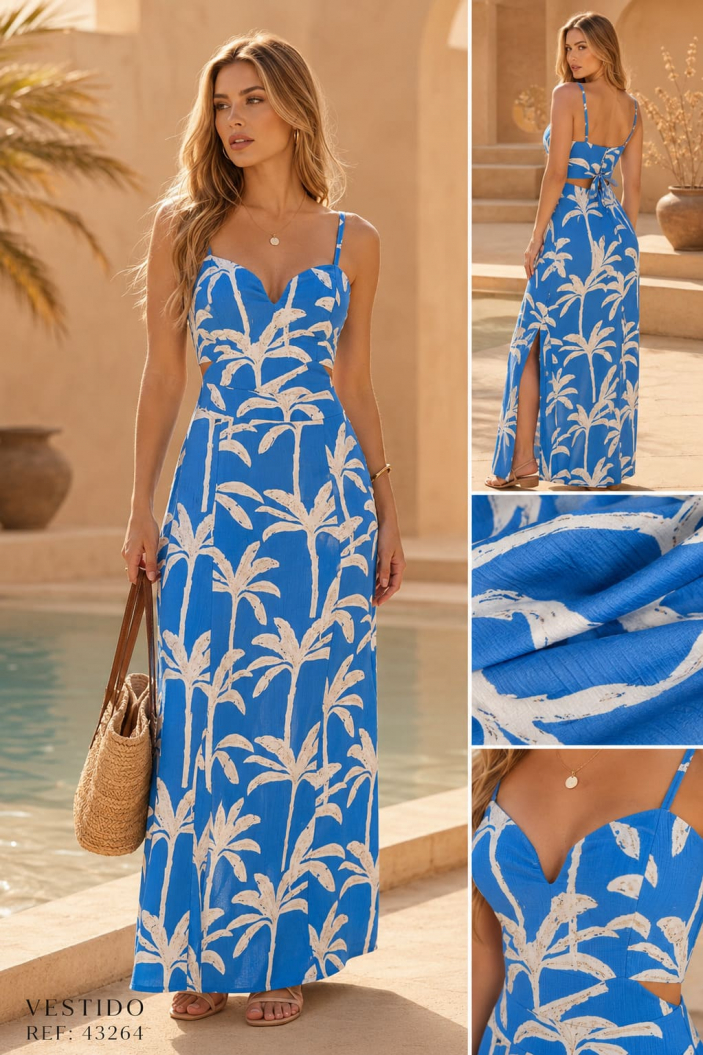 Vestido Largo Estampado en Rayón con Espalda Descubierta