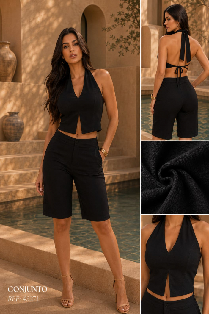 Conjunto en Rayón Liviano con Top Halter y Bermuda