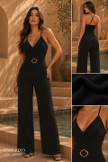 Enterizo con Escote en V, Cinturón Decorativo y Cargaderas Cruzadas
