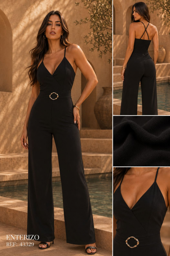 Enterizo con Escote en V, Cinturón Decorativo y Cargaderas Cruzadas