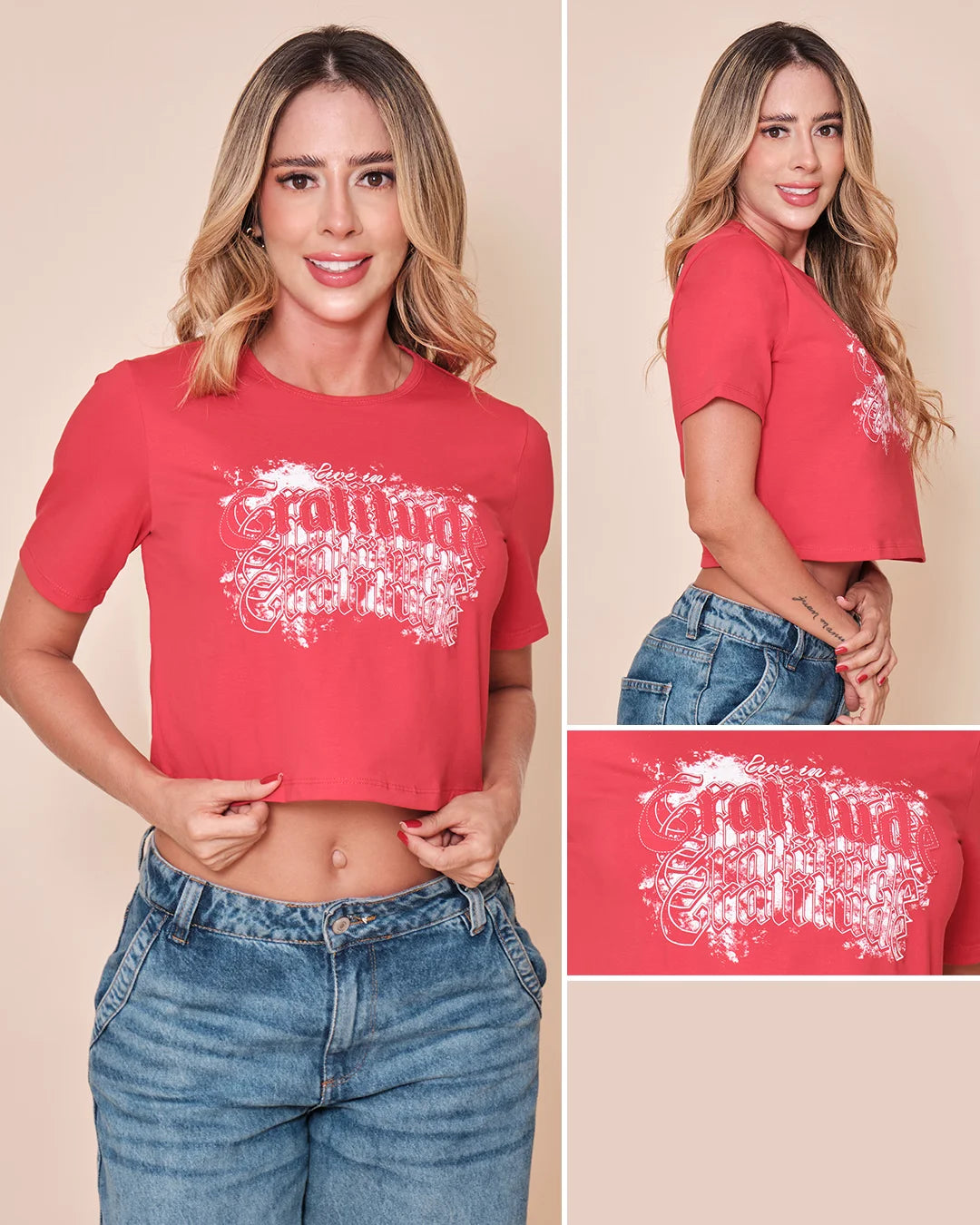 ROJO - blusa-basica-con-cuello-sesgado-estampado-sobre-tela-fria-rojo
