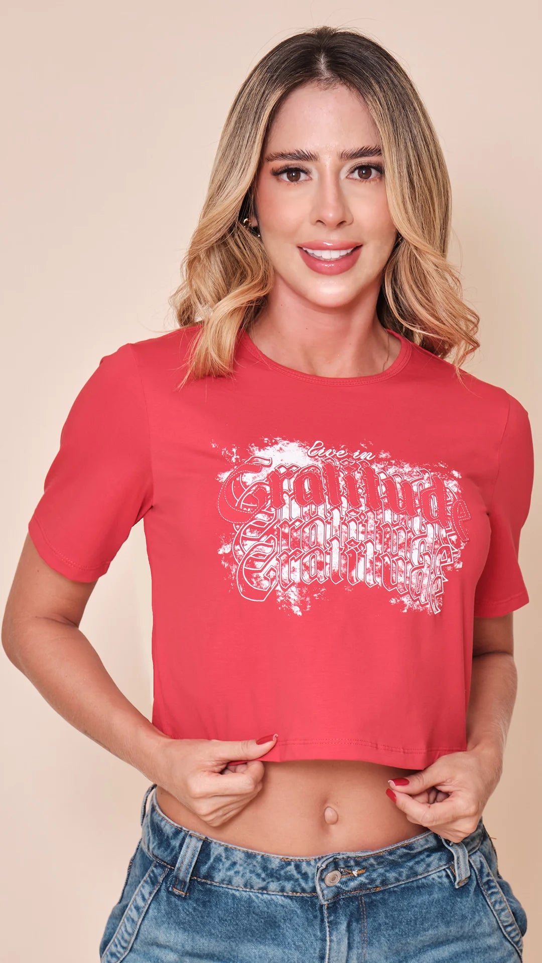 ROJO - blusa-basica-con-cuello-sesgado-estampado-sobre-tela-fria-rojo