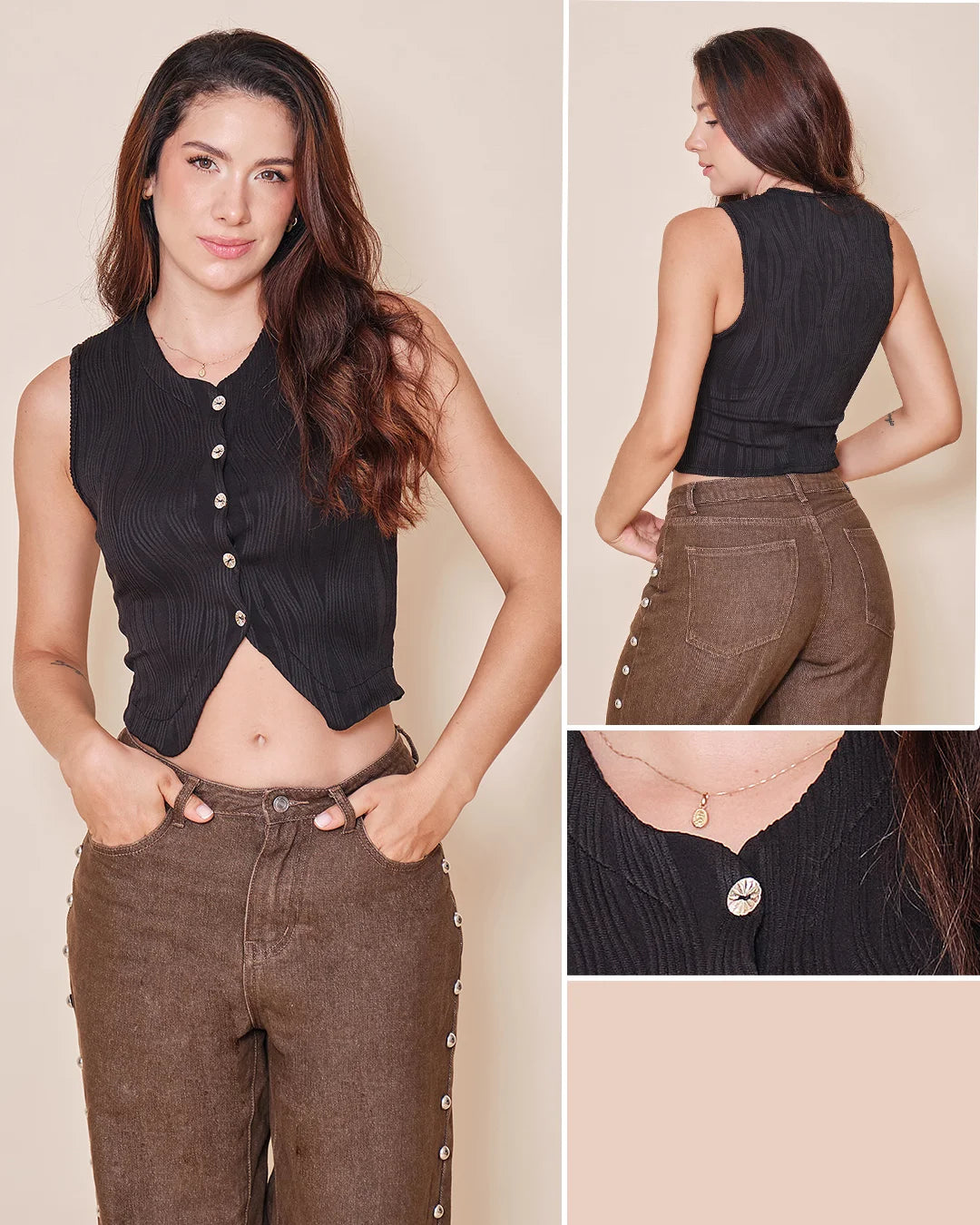 NEGRO - blusa-sisa-con-falso-y-botones-en-frente-tela-turner-negro