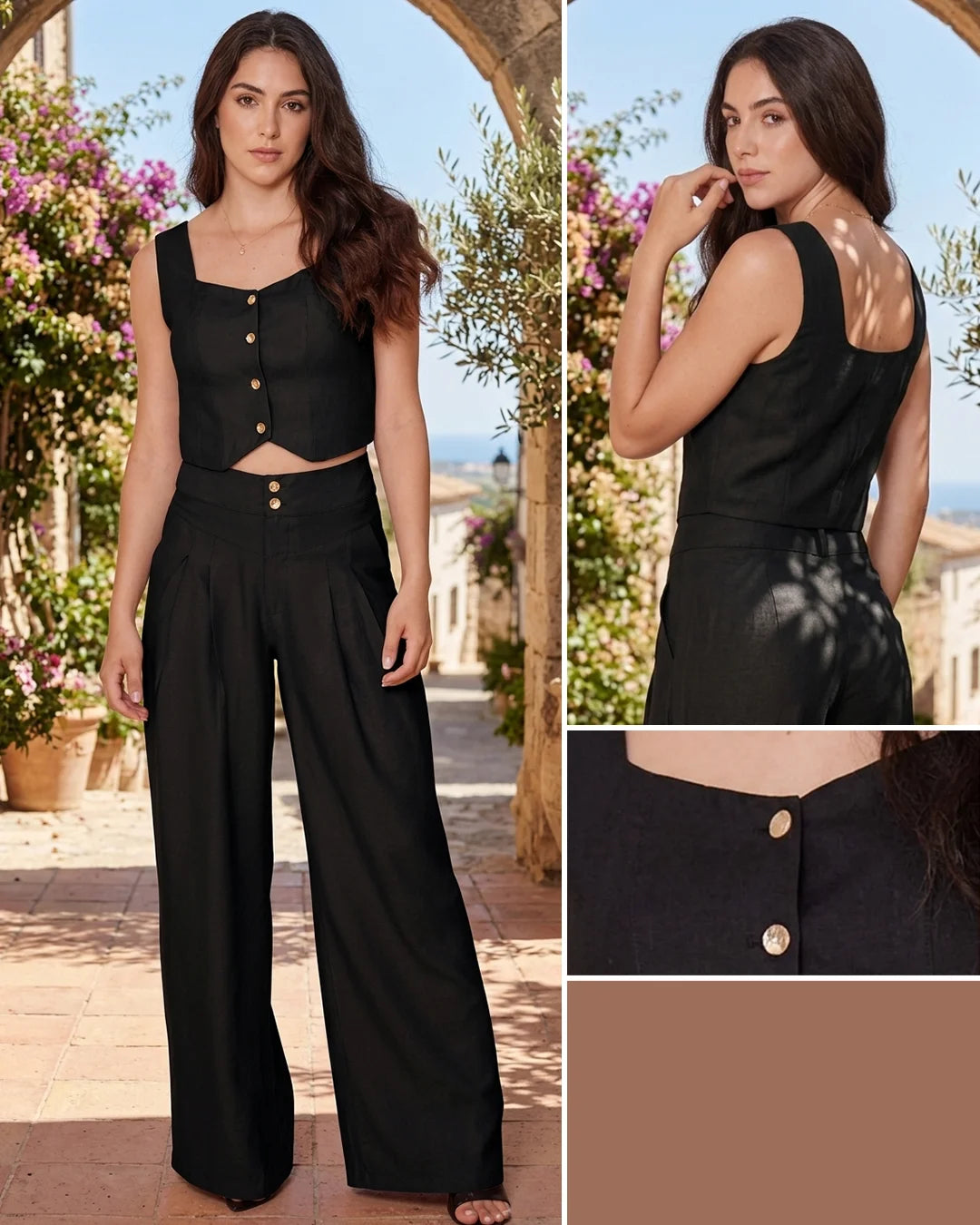 NEGRO - conjunto-blusa-corta-sisa-con-escote-cuadrado-boton-en-frente-negro