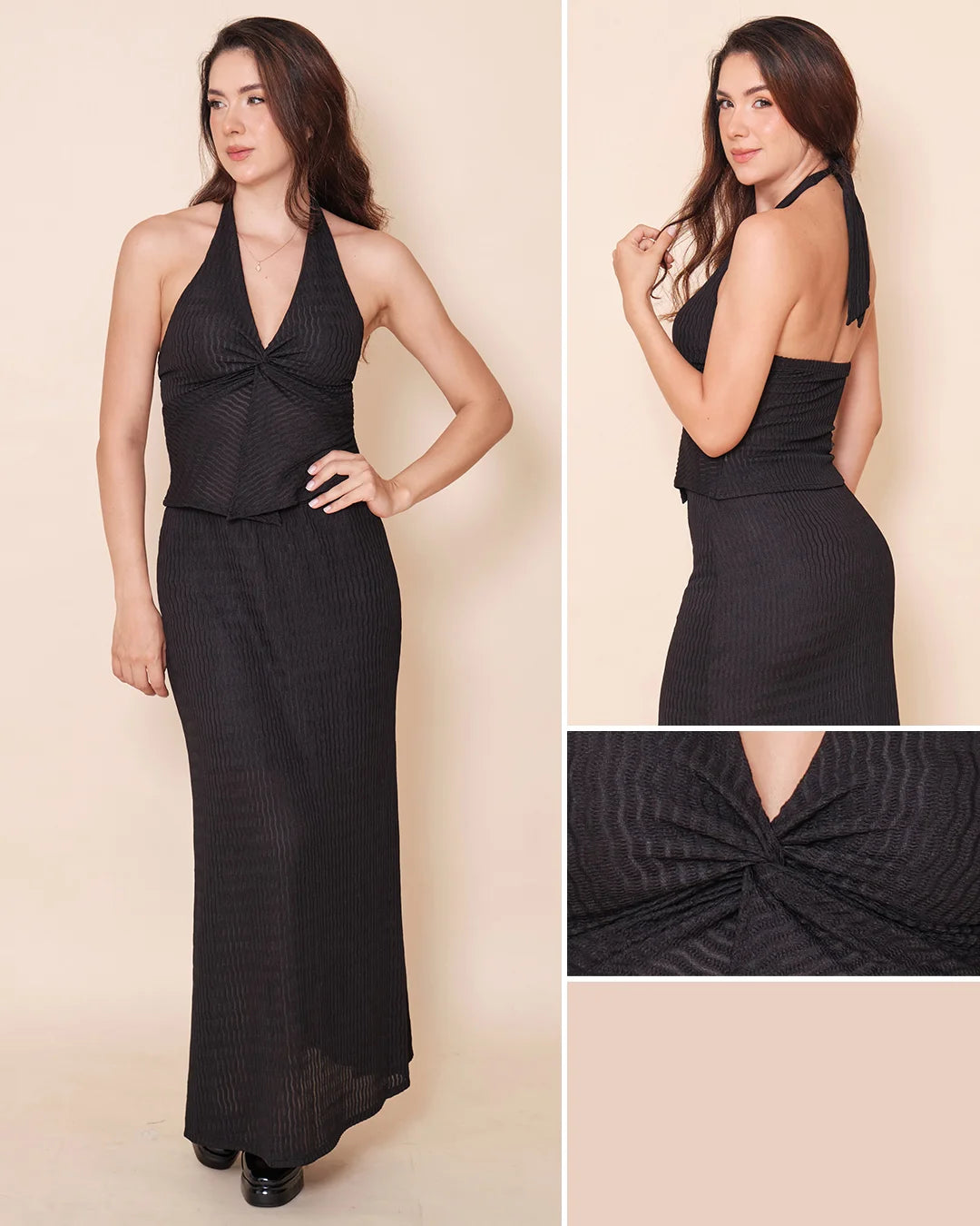 NEGRO - conjunto-blusa-de-amarre-en-frente-falda-larga-negro