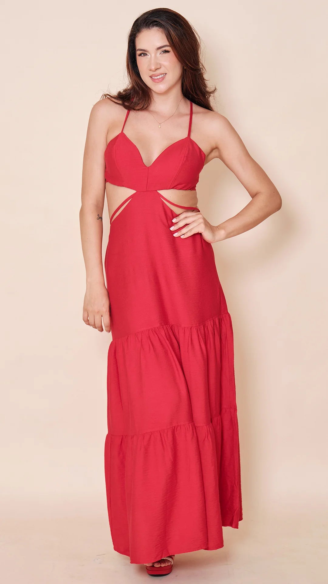 ROJO - vestido-crop-top-falda-en-tres-tiempos-tela-lino-rojo