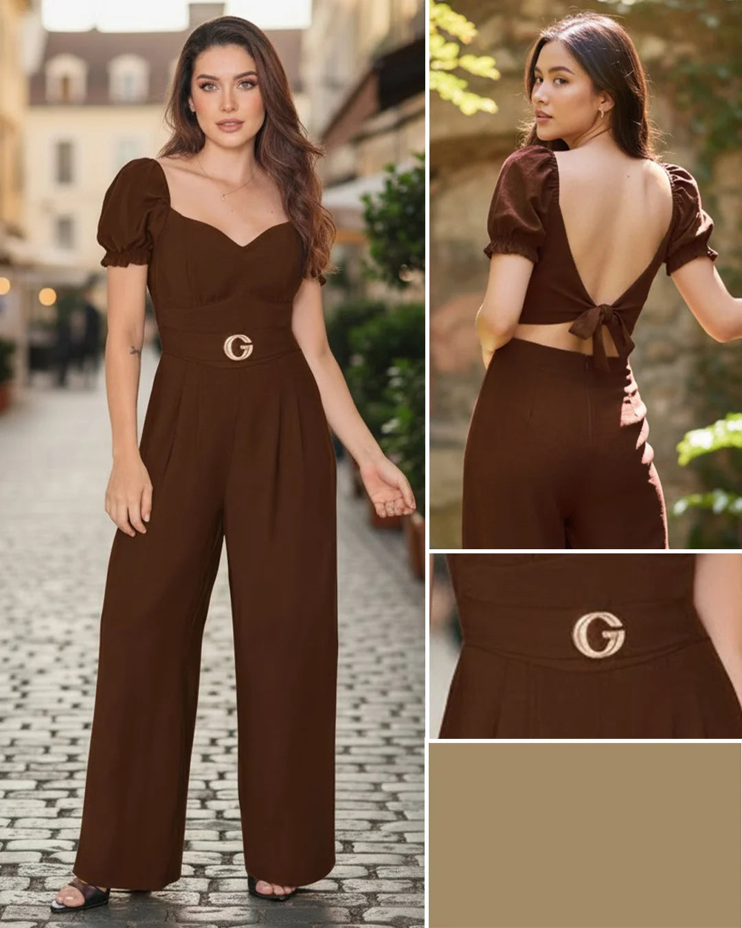 CHOCOLATE - enterizo-blusa-estraple-manga-corta-amarre-en-espalda-pantalon-largo-chocolate
