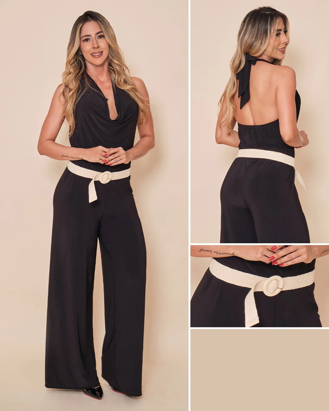 NEGRO - enterizo-blusa-estraple-con-drapeado-amarre-en-cuello-pantalon-largo-negro