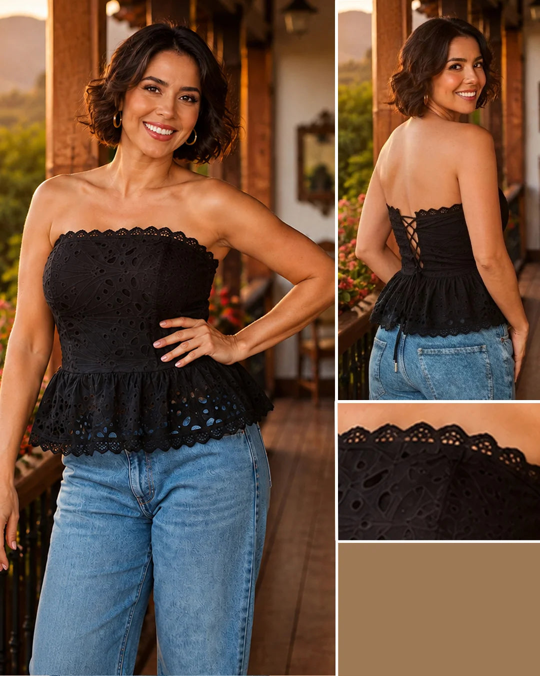 NEGRO - blusa-estraple-con-varillas-bolero-corto-guipiure-negro