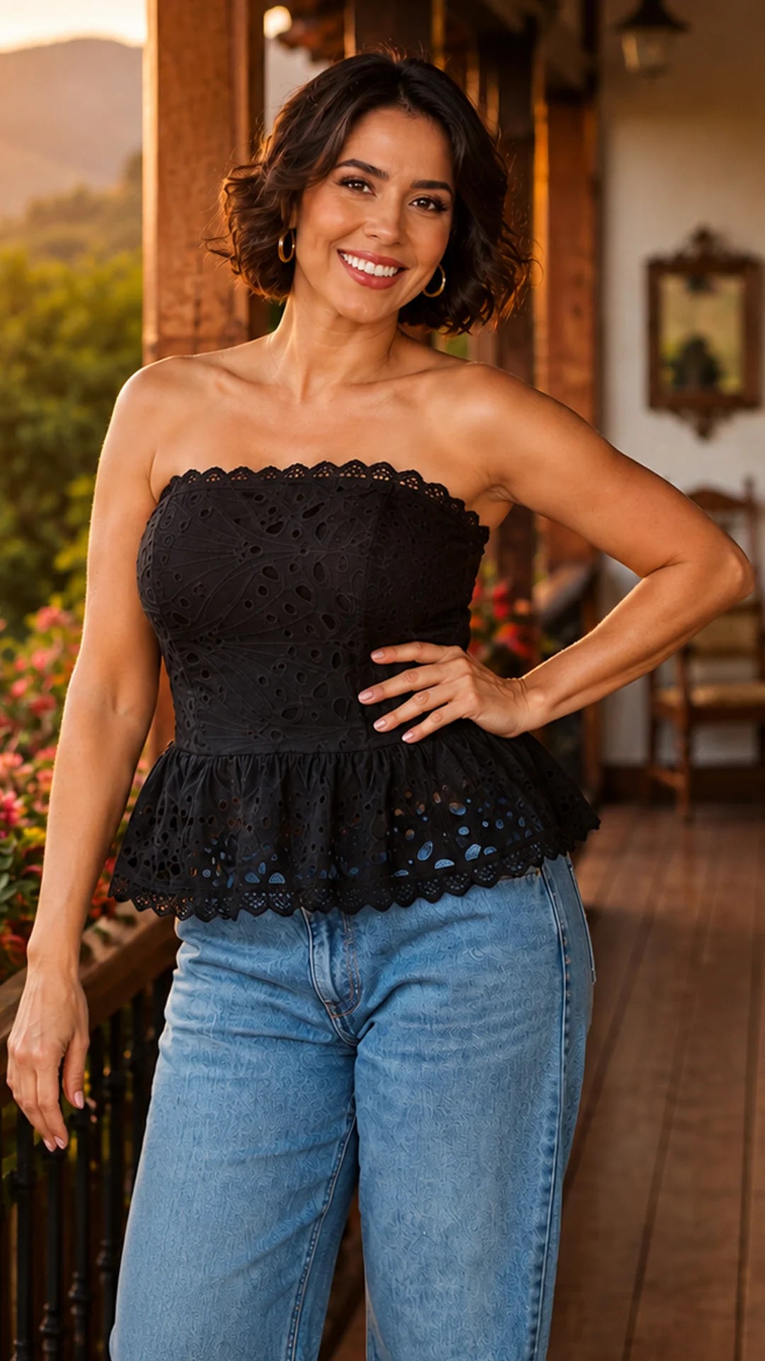 NEGRO - blusa-estraple-con-varillas-bolero-corto-guipiure-negro