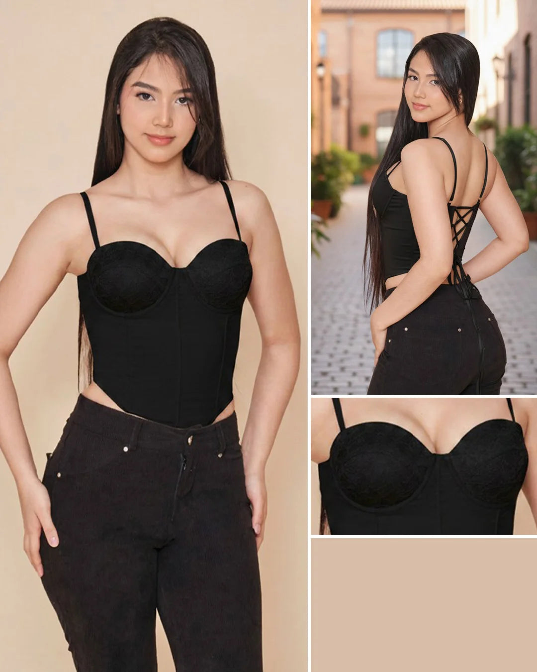 NEGRO - corset-estraple-corto-con-tira-brassier-remache-en-espalda-negro
