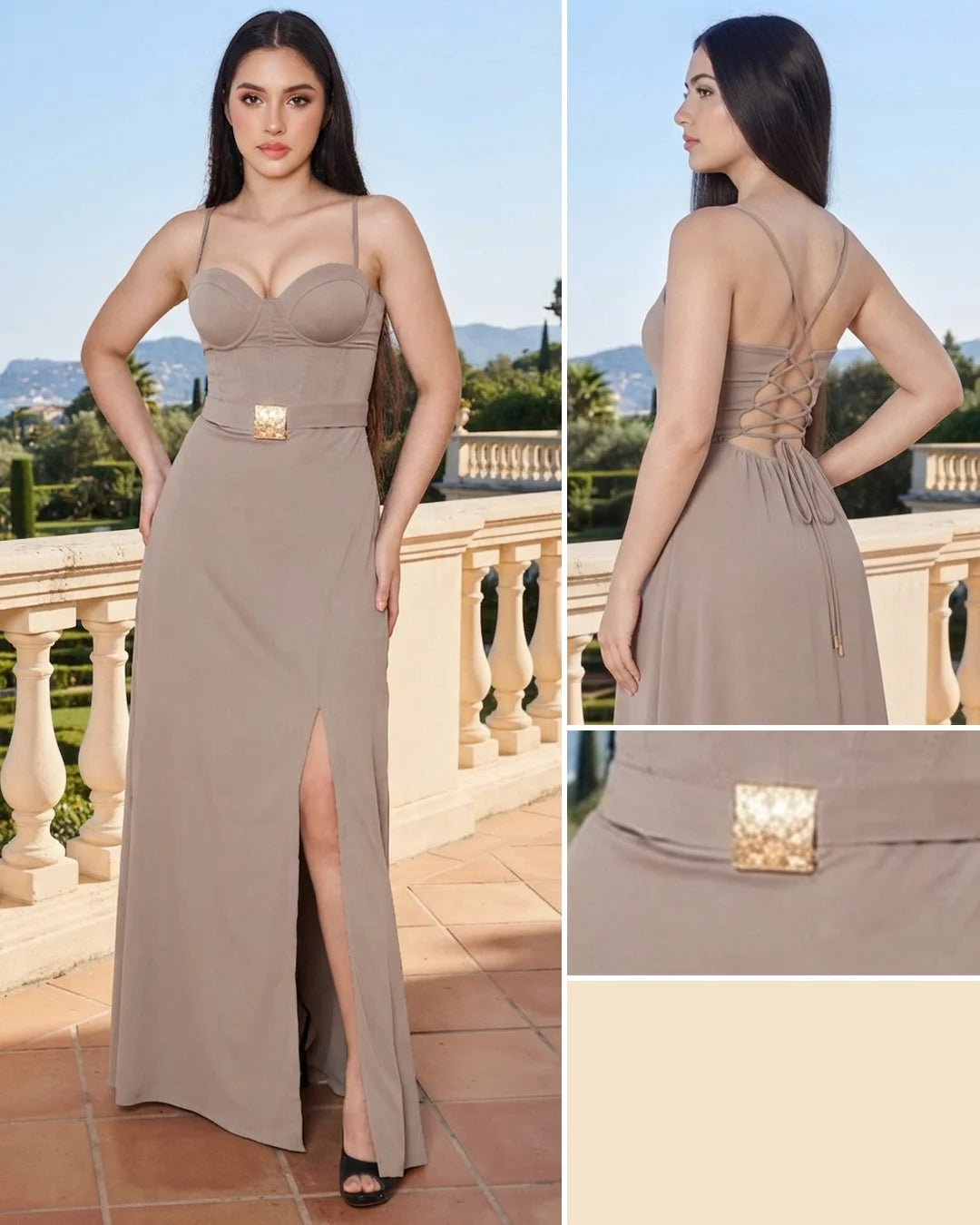 BEIGE - vestido-corset-estraple-con-copa-falda-larga-con-abertura-en-costado-beige