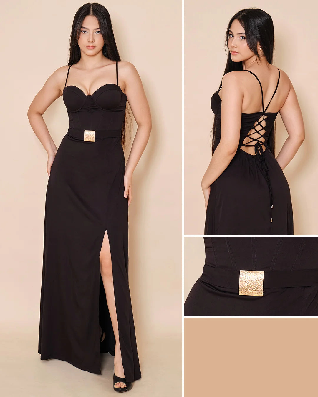 NEGRO - vestido-corset-estraple-con-copa-falda-larga-con-abertura-en-costado-negro