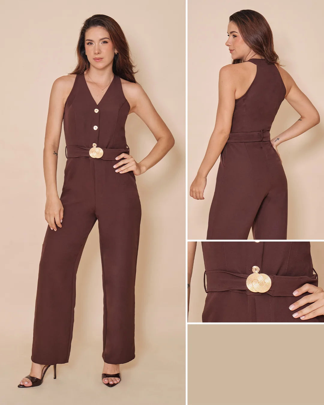 CAFÉ - enterizo-blusa-sisa-escote-profundo-pantalon-con-bolsillos-cafe