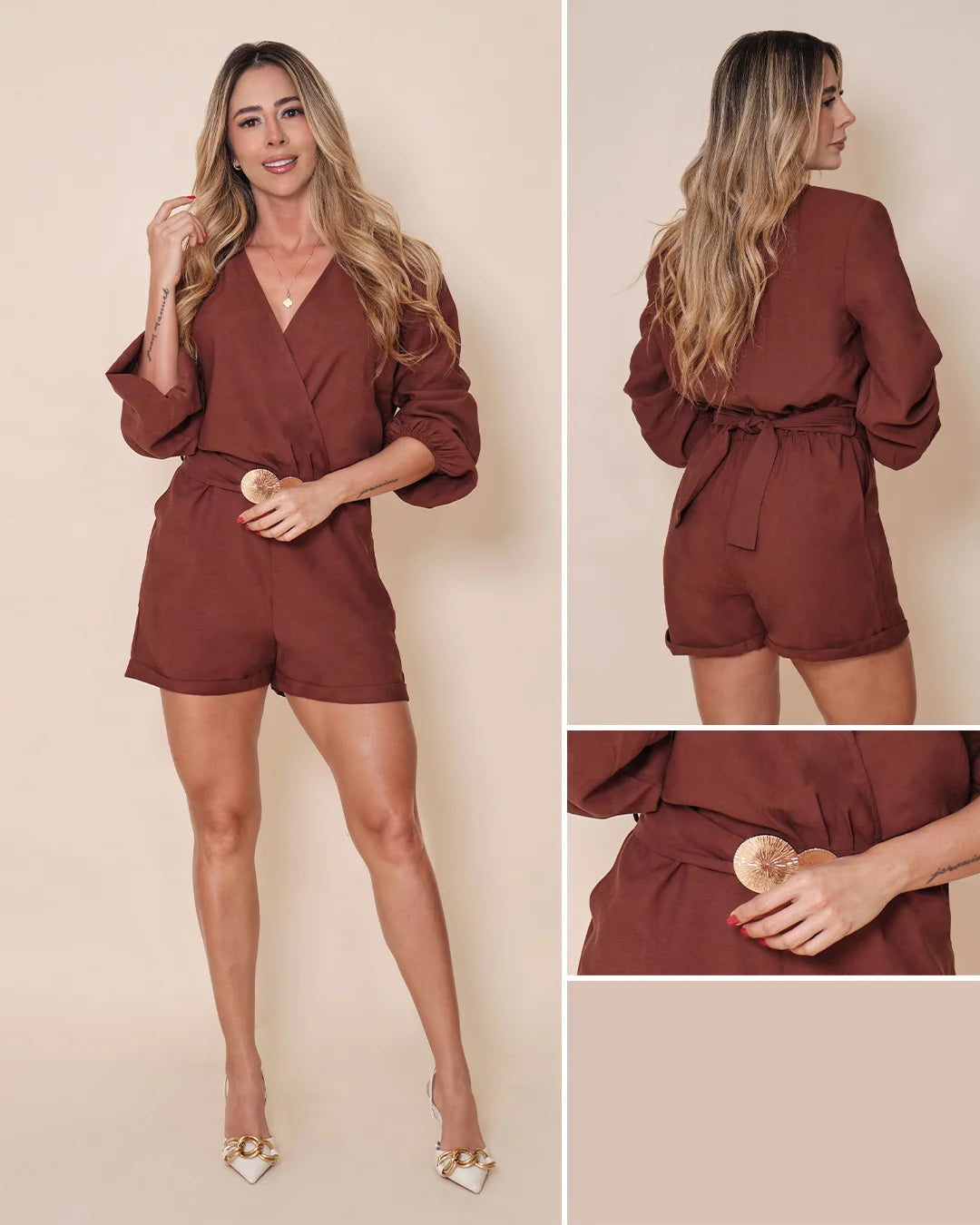 CHOCOLATE - enterizo-blusa-escote-profundo-manga-larga-short-con-bolsillos-chocolate