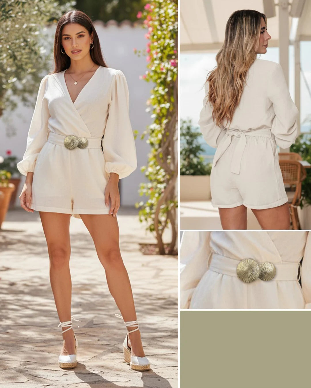 MARFIL - enterizo-blusa-escote-profundo-manga-larga-short-con-bolsillos-marfil