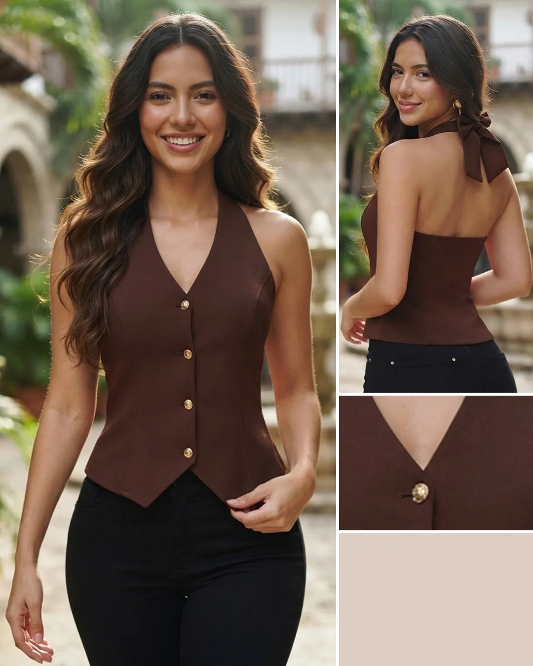 CAFÉ - blusa-estraple-larga-con-amarre-en-cuello-cafe