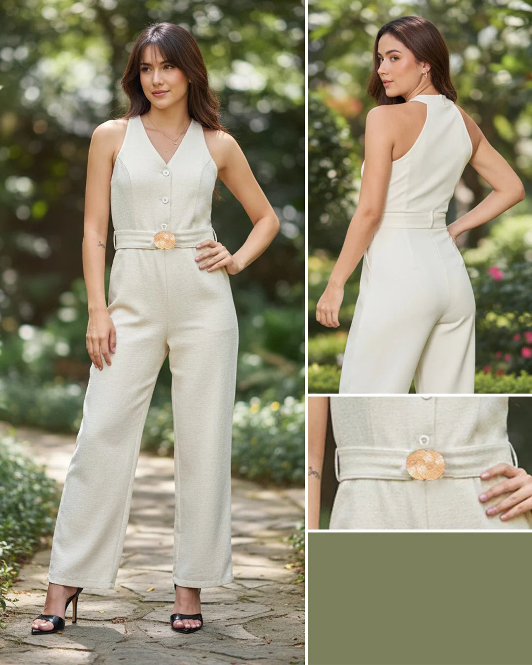 BEIGE - enterizo-blusa-sisa-escote-profundo-pantalon-con-bolsillos-beige