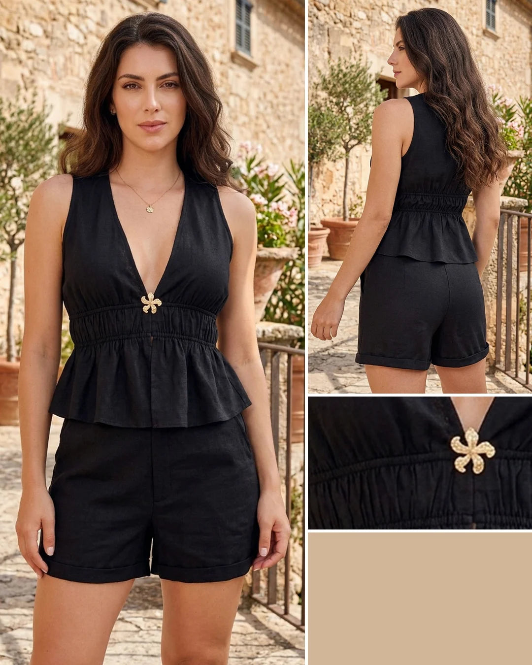 NEGRO - conjunto-blusa-larga-sisa-con-escote-profundo-short-negro