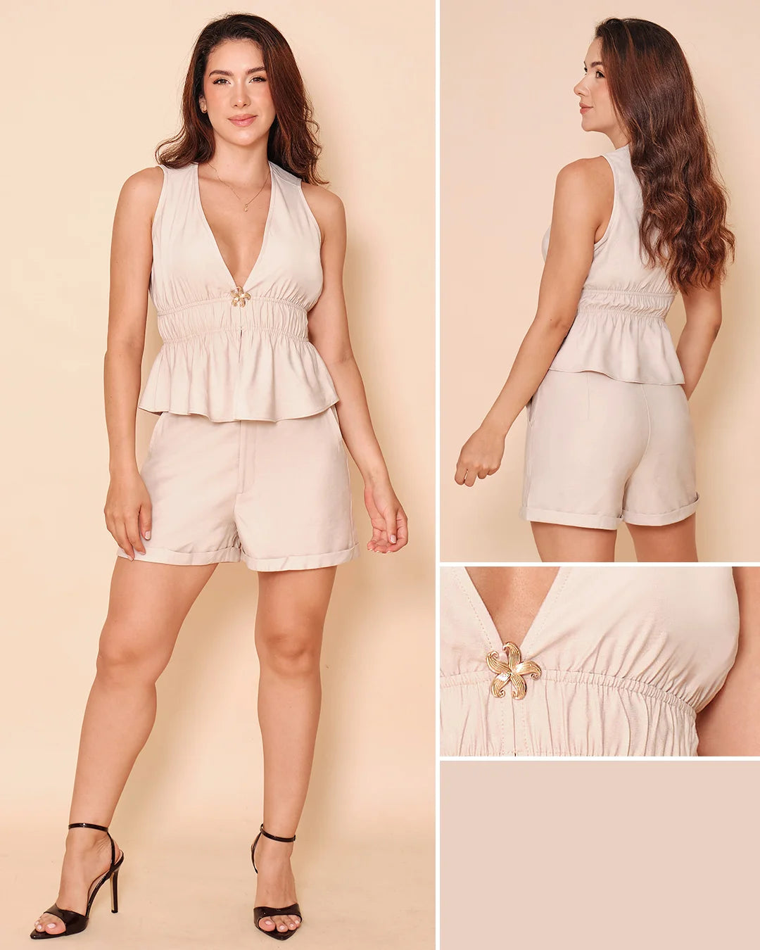 BEIGE - conjunto-blusa-larga-sisa-con-escote-profundo-short-beige