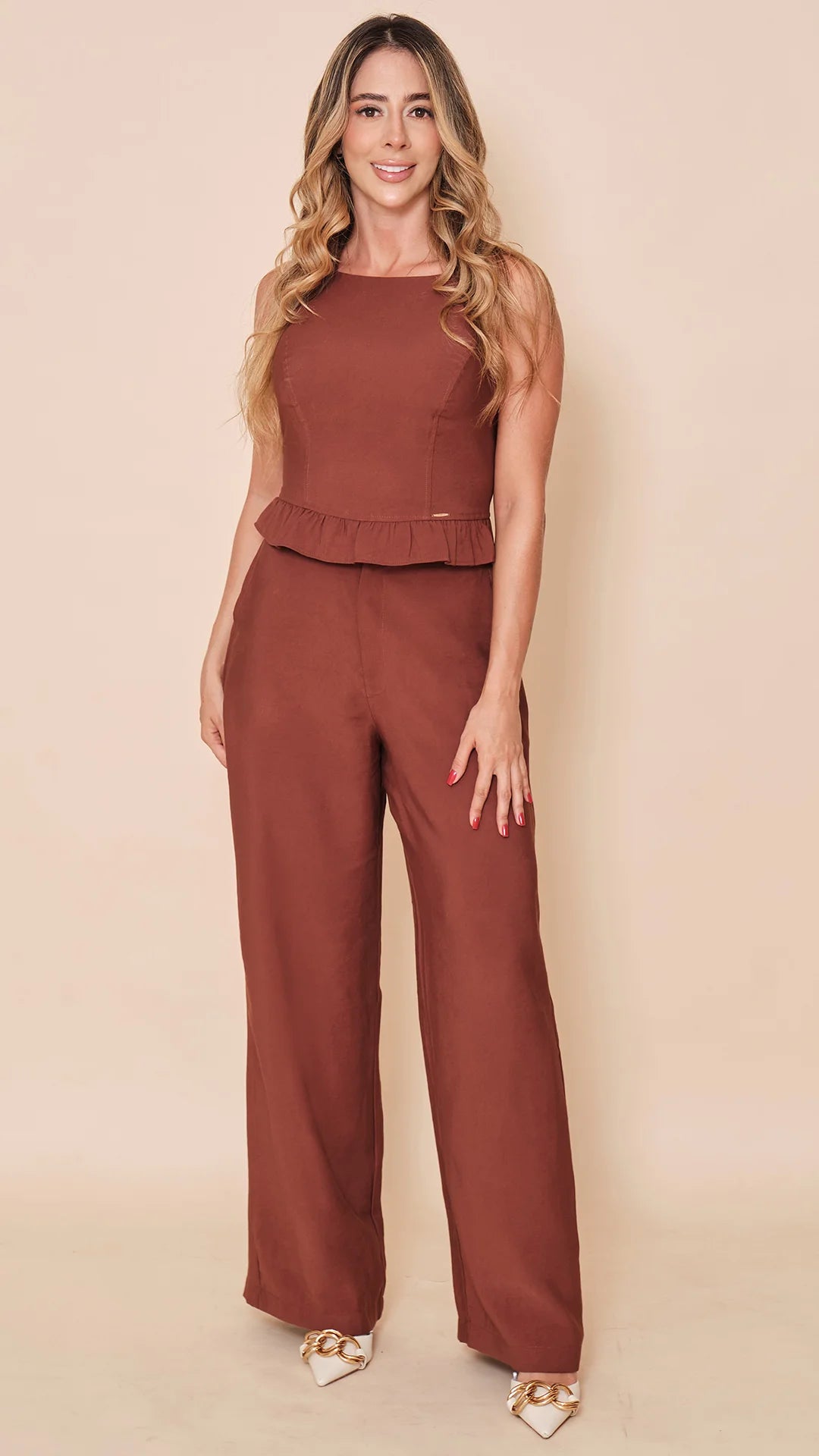 CHOCOLATE - conjunto-blusa-estraple-con-copas-amarre-en-espalda-pantalon-largo-chocolate