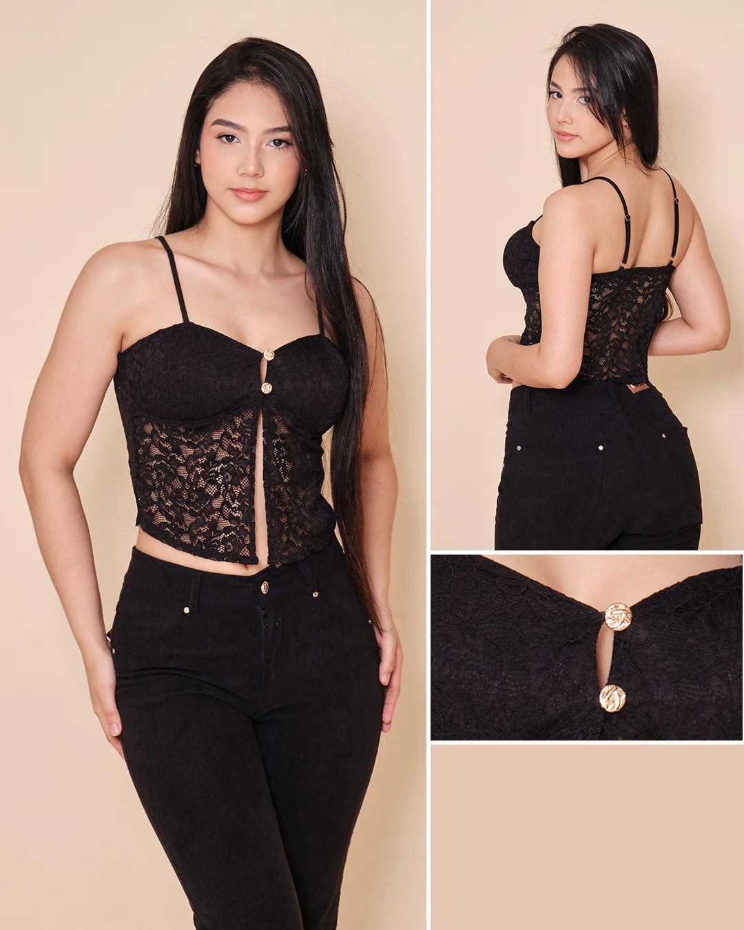 NEGRO - blusa-estraple-corta-con-copa-en-tela-de-blonda-negro