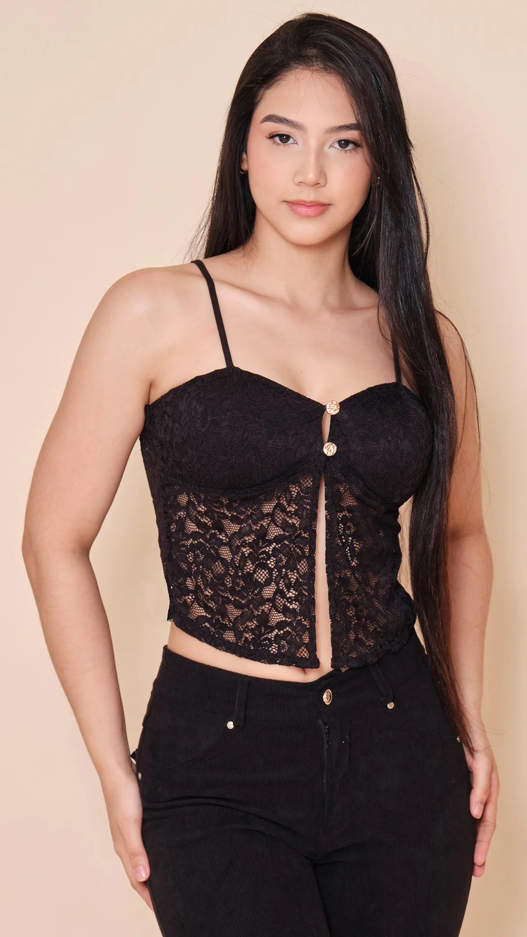 NEGRO - blusa-estraple-corta-con-copa-en-tela-de-blonda-negro