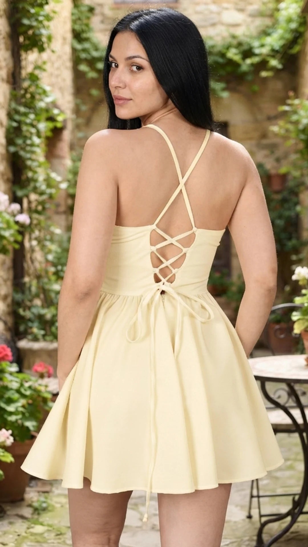 CREMA - vestido-crop-top-de-tiras-con-copas-falda-corta-con-bolero-en-ruedo-crema