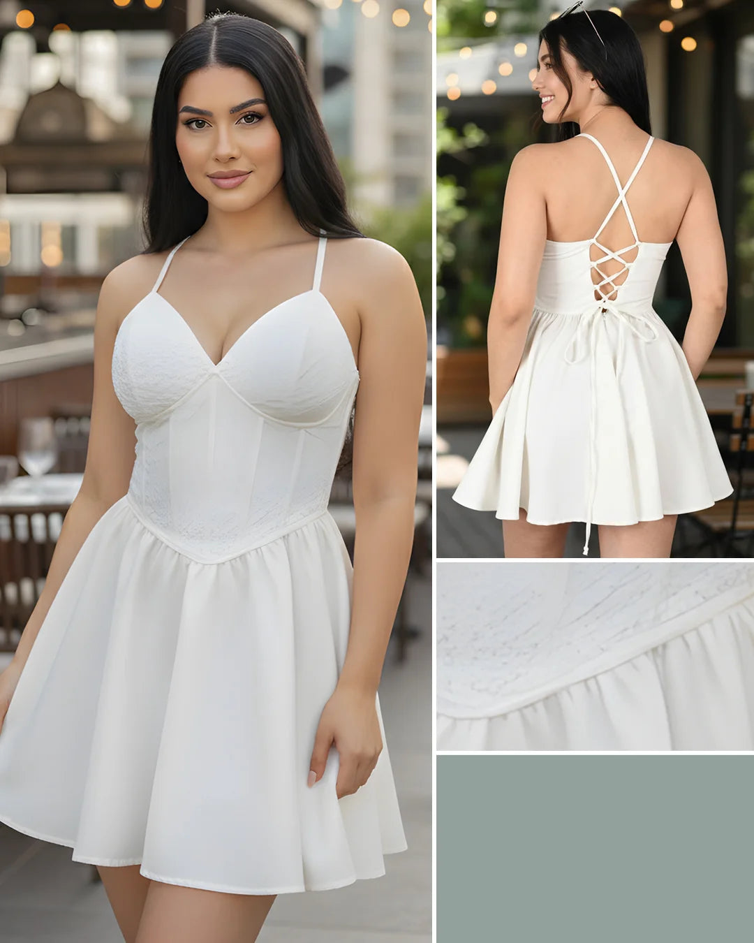 MARFIL - vestido-crop-top-de-tiras-con-copas-falda-corta-con-bolero-en-ruedo-marfil