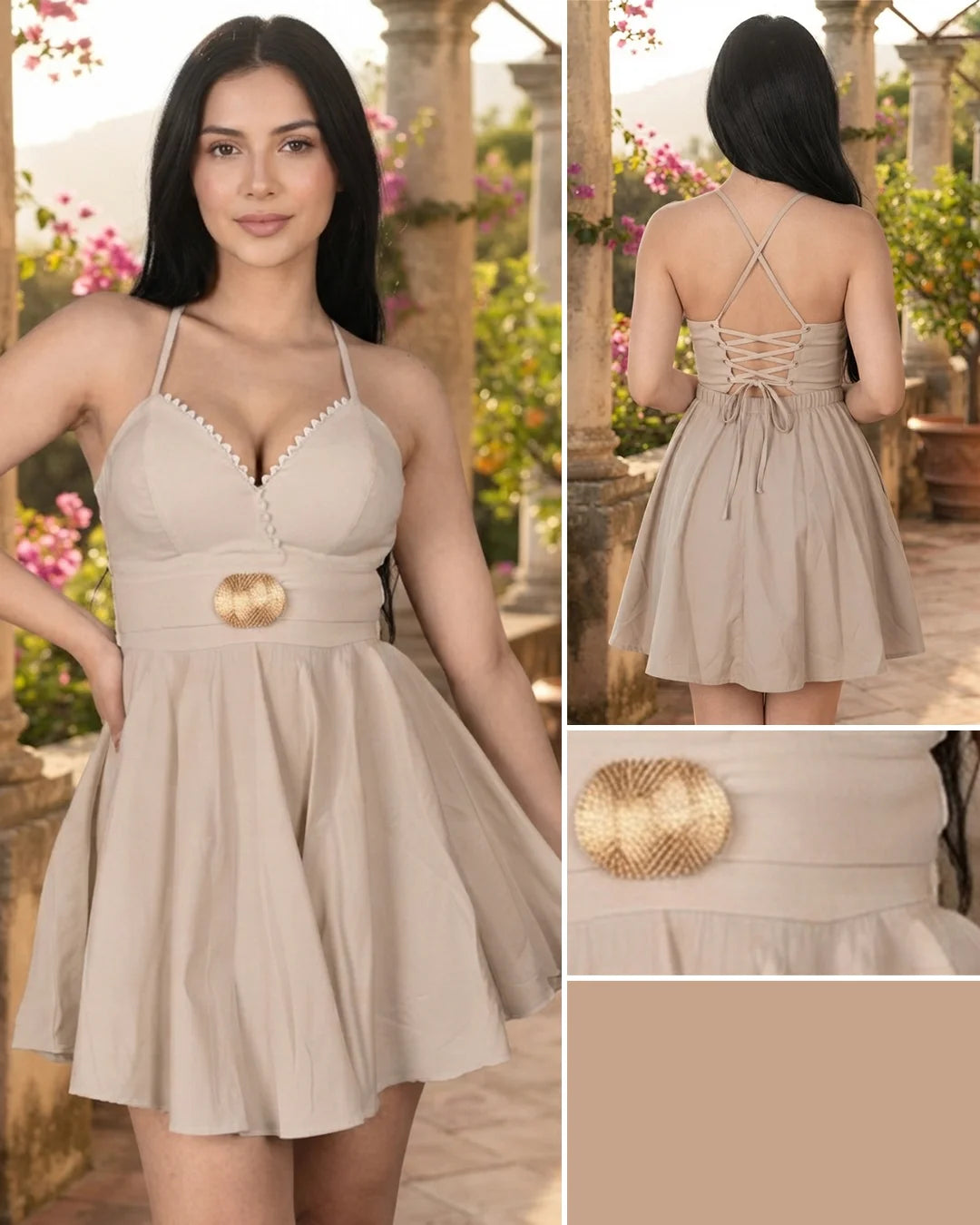 BEIGE - vestido-crop-top-de-tiras-con-copas-falda-corta-beige