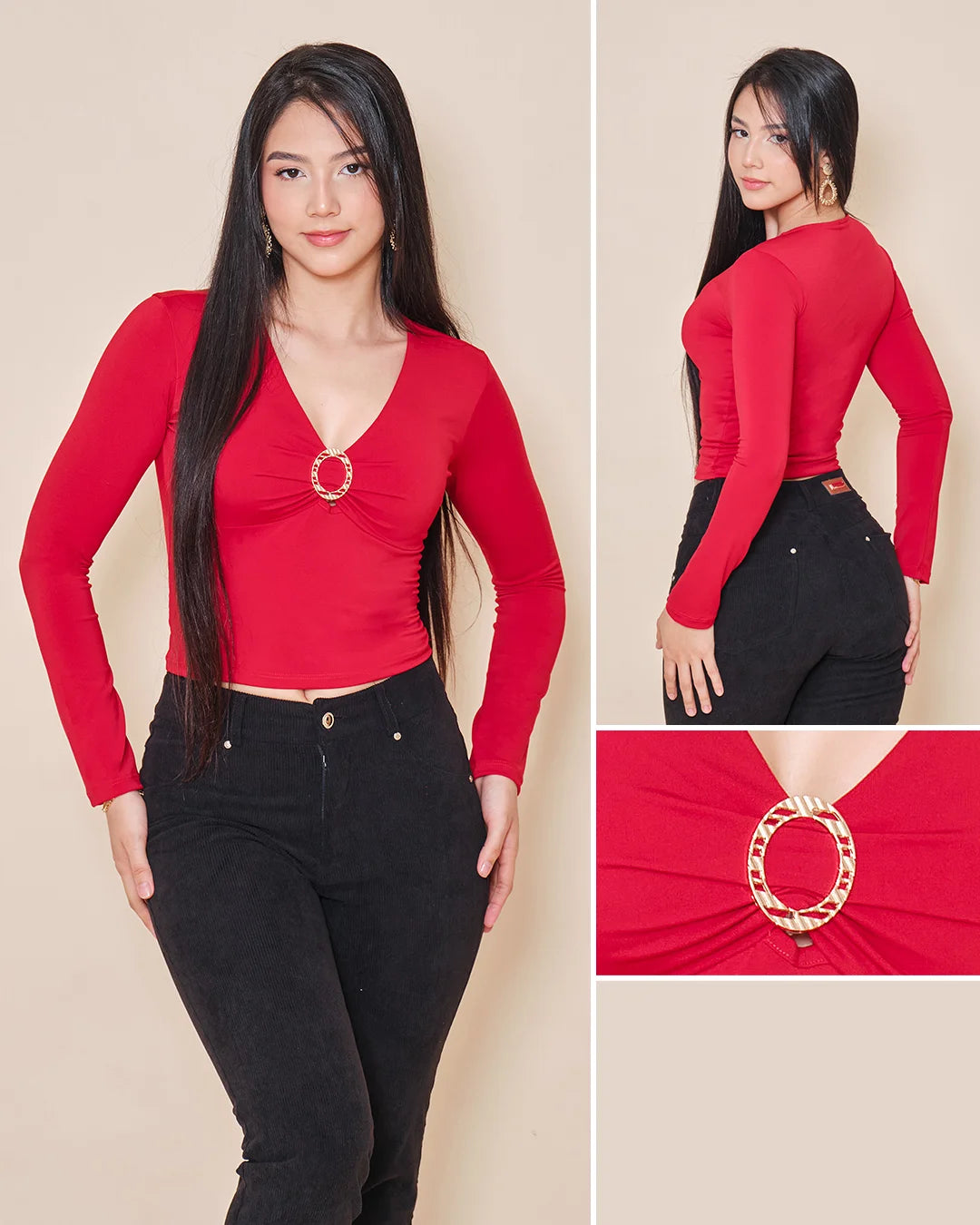 ROJO - blusa-corta-con-escote-profundo-manga-larga-rojo